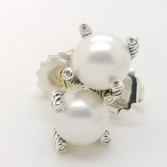 DAVID YURMAN 6mm Cable Classic Pearl Earrings in Sterling Silver w/ Diamonds 925 - Picture 6 of 8